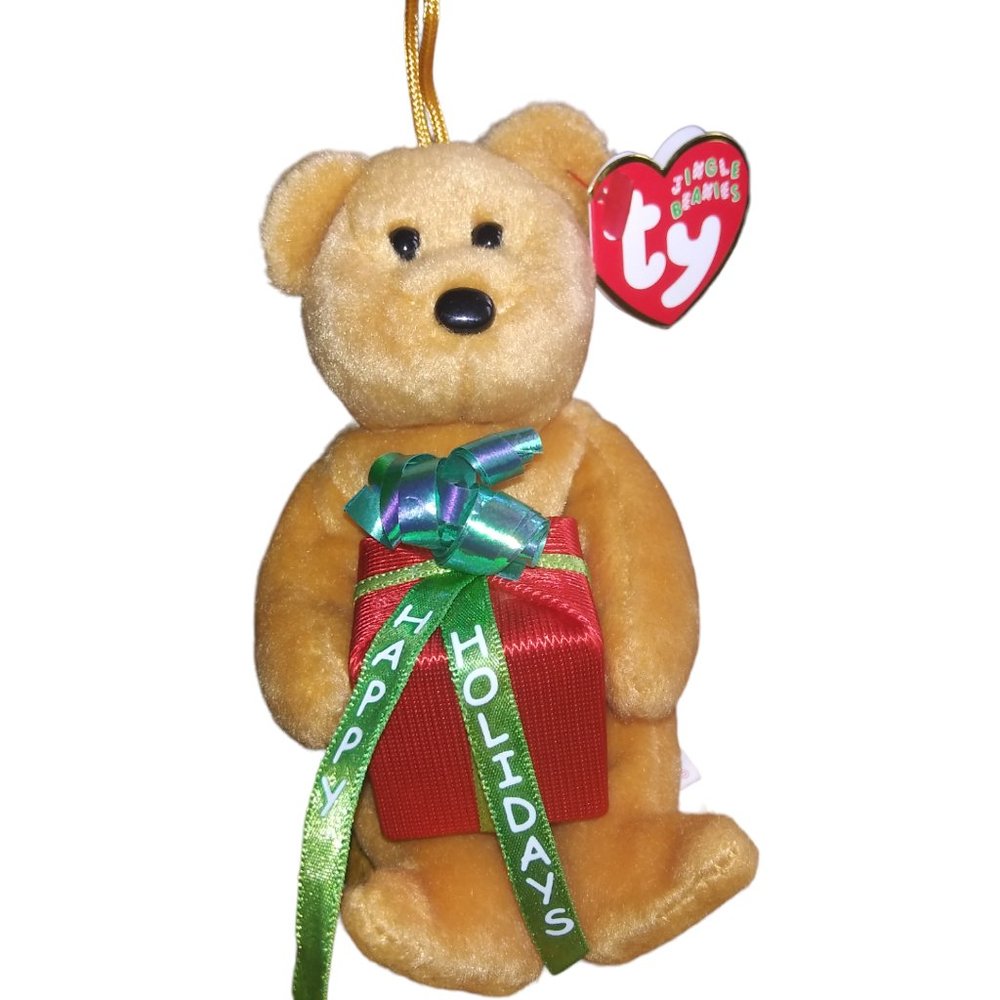 TY Jingle Beanies GIFTS Happy Holidays Present Stuffed Bear Plush Ornament 2005